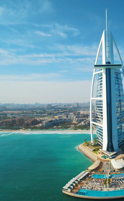 The Burj Al Arab hotel on its island off the Dubai coast