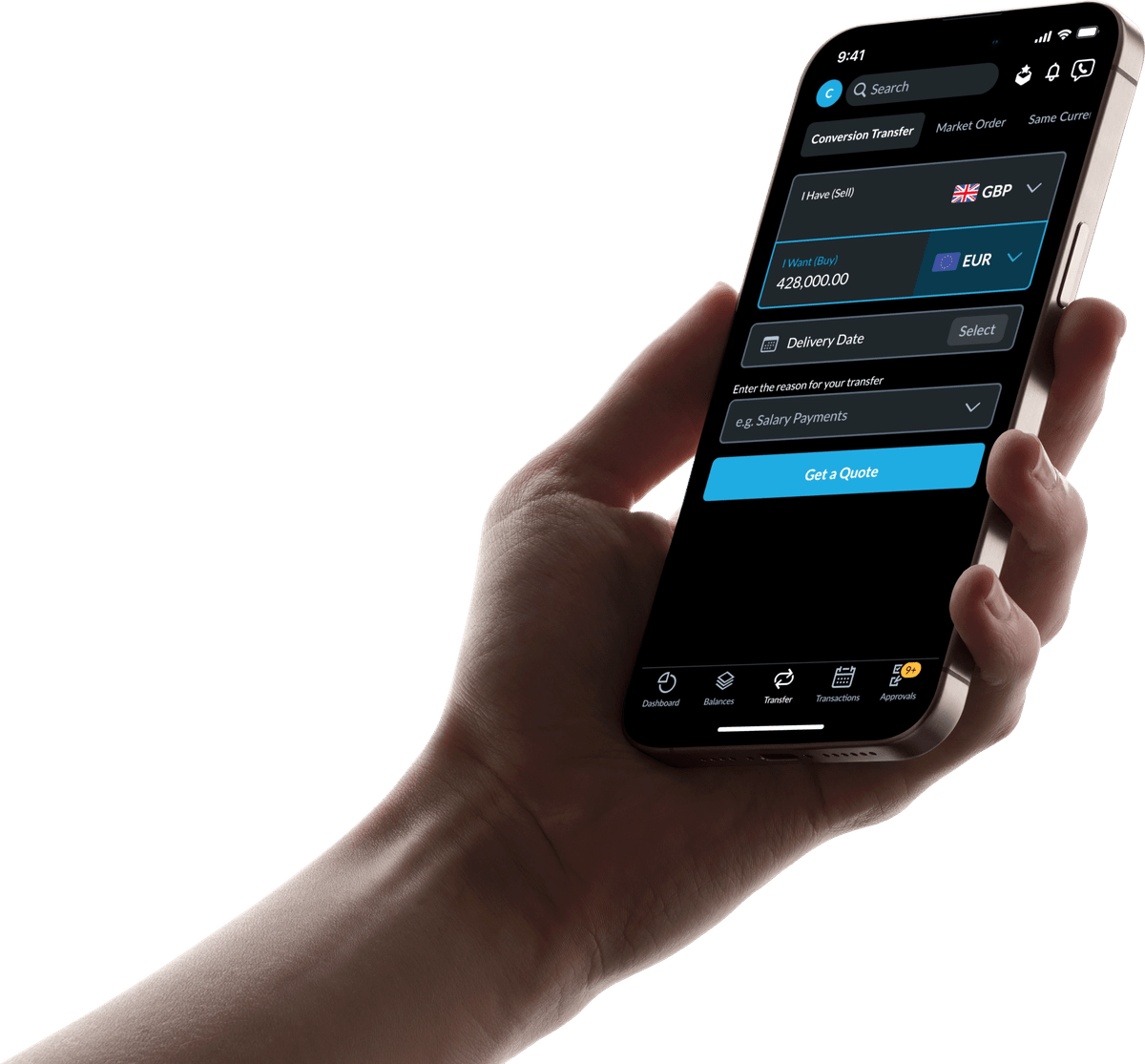 A hand holding a phone showing a conversion quote in the CurrencyTransfer app